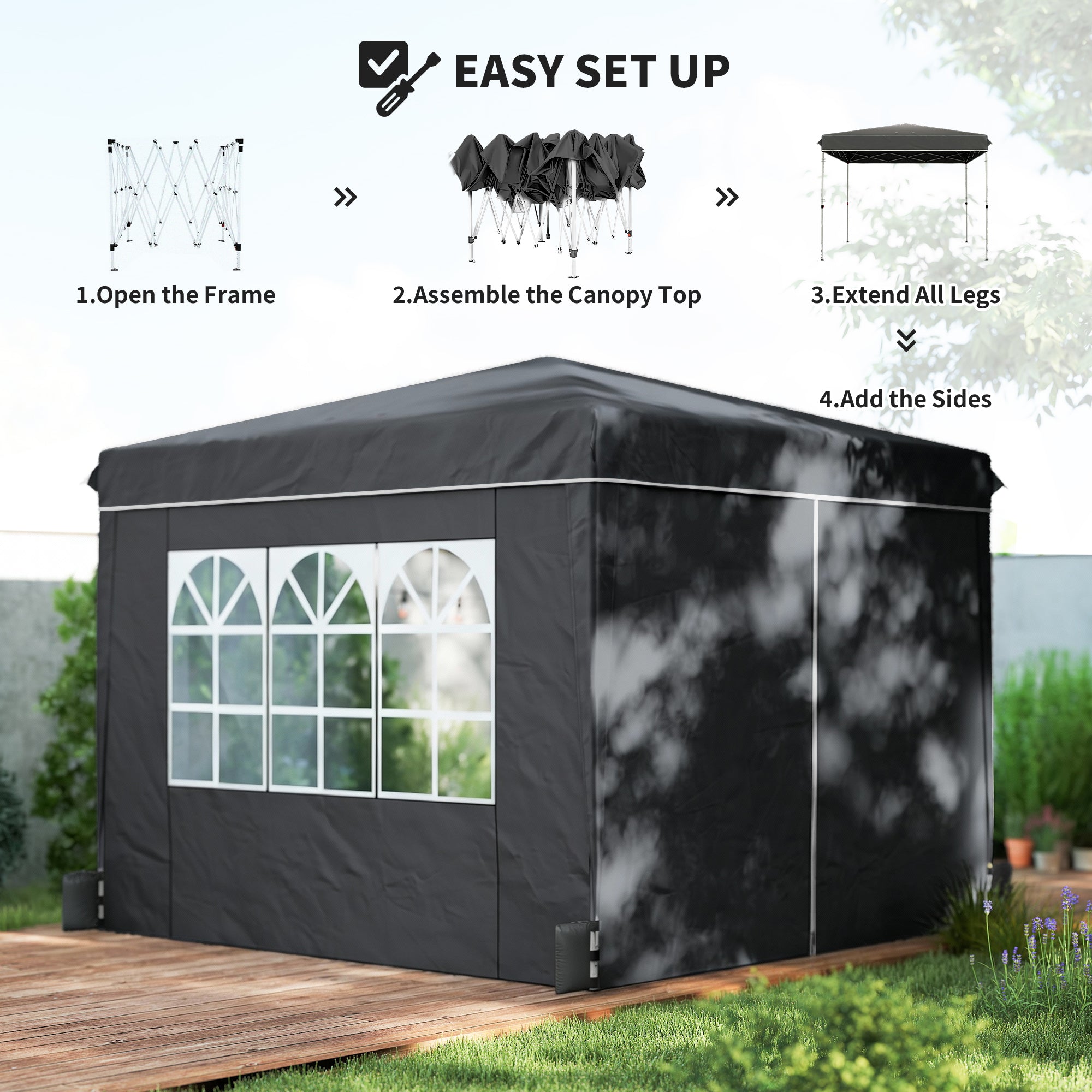 tent with open sides Outsunny 10 x 10 ft Pop Up Canopy Tent with Sidewalls, UPF50+ Outdoor Portable Instant Canopy Shelter with Carry Bag, Black