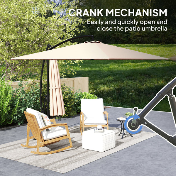 Patio Offset Umbrella UPF 50+ UV Protection, Water-Resistant, Crank Parasol with Base, Cover & Wind Securing, Tiltable Garden Umbrella for Balcony & Patio, Khaki