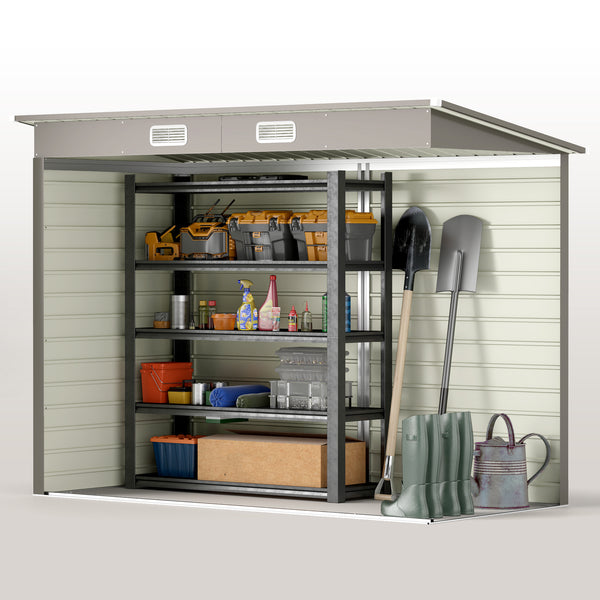 8 x 4FT Garden Shed. Galvanised Metal Shed, Outdoor Tool Storage Shed with Pent Roof, Lockable Door and 2 Vents, Light Grey