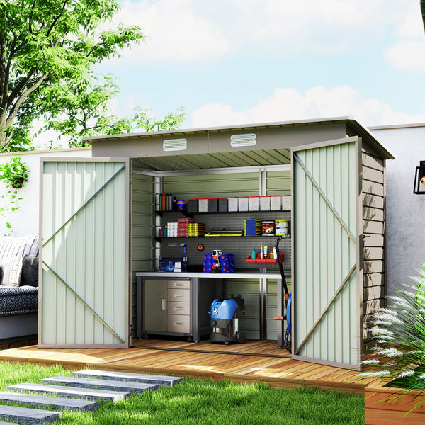 8 x 4FT Garden Shed. Galvanised Metal Shed, Outdoor Tool Storage Shed with Pent Roof, Lockable Door and 2 Vents, Light Grey
