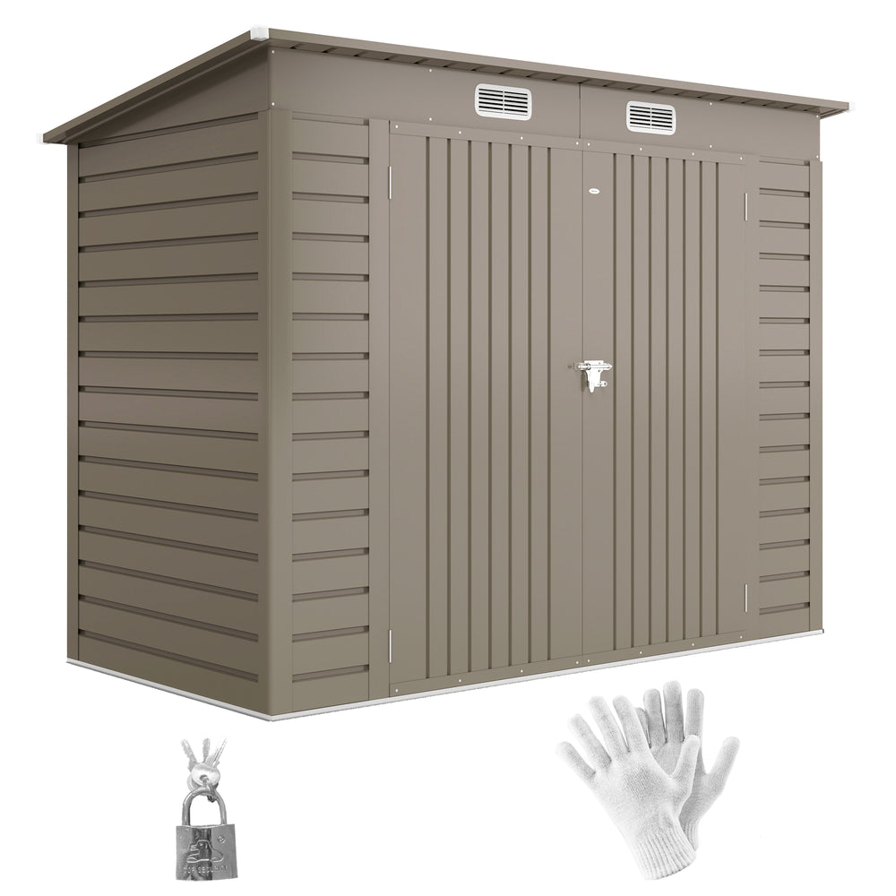 8 x 4FT Garden Shed. Galvanised Metal Shed, Outdoor Tool Storage Shed with Pent Roof, Lockable Door and 2 Vents, Light Grey