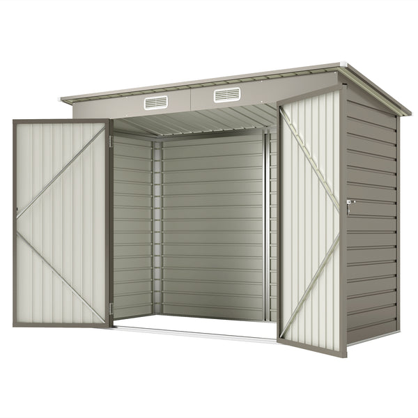 8 x 4FT Garden Shed. Galvanised Metal Shed, Outdoor Tool Storage Shed with Pent Roof, Lockable Door and 2 Vents, Light Grey
