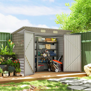 8 x 4FT Garden Shed. Galvanised Metal Shed, Outdoor Tool Storage Shed with Pent Roof, Lockable Door and 2 Vents, Light Grey
