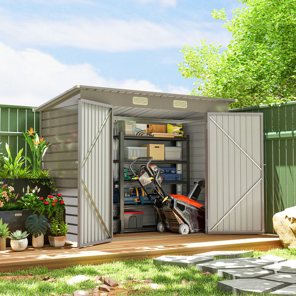 8 x 4FT Garden Shed. Galvanised Metal Shed, Outdoor Tool Storage Shed with Pent Roof, Lockable Door and 2 Vents, Light Grey