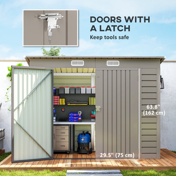 8 x 4FT Garden Shed. Galvanised Metal Shed, Outdoor Tool Storage Shed with Pent Roof, Lockable Door and 2 Vents, Light Grey