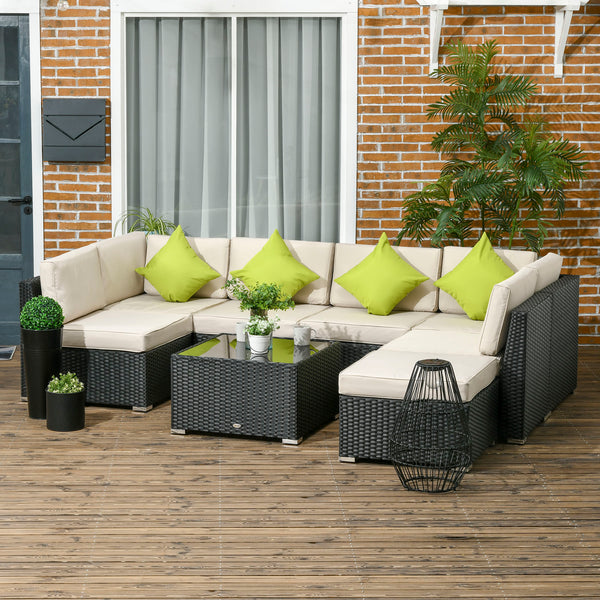 8 Pieces PE Rattan Corner Sofa Set, Outdoor Garden Furniture Set, Patio Wicker Sofa Seater w/ Cushion, Washable Cushion Cover & Tempered Glass Table, Black