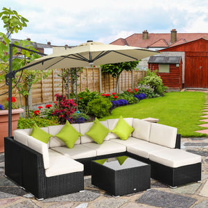 8 Pieces PE Rattan Corner Sofa Set, Outdoor Garden Furniture Set, Patio Wicker Sofa Seater w/ Cushion, Washable Cushion Cover & Tempered Glass Table, Black
