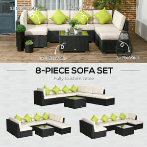 8 Pieces PE Rattan Corner Sofa Set, Outdoor Garden Furniture Set, Patio Wicker Sofa Seater w/ Cushion, Washable Cushion Cover & Tempered Glass Table, Black