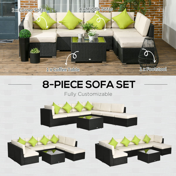 8 Pieces PE Rattan Corner Sofa Set, Outdoor Garden Furniture Set, Patio Wicker Sofa Seater w/ Cushion, Washable Cushion Cover & Tempered Glass Table, Black