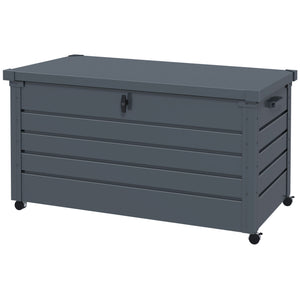 82 Gallon Garden Storage Box, Waterproof Outdoor Storage Container with Wheels and Handles, Lockable Galvanised Steel Outside Deck Box for Tools, Cushions, Dark Grey