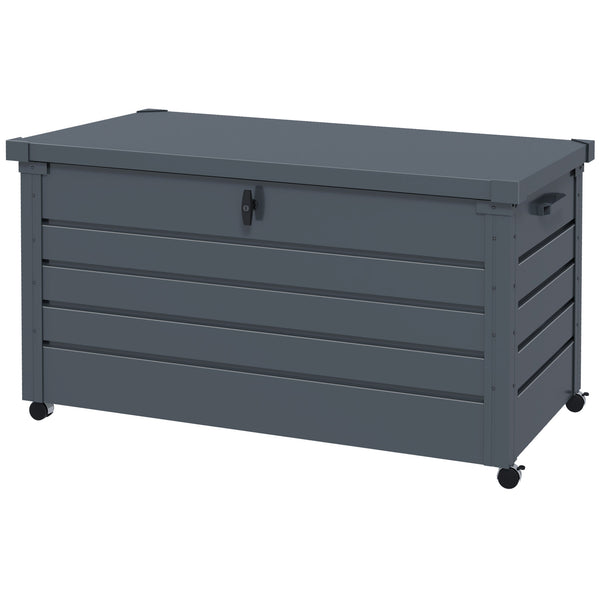 82 Gallon Garden Storage Box, Waterproof Outdoor Storage Container with Wheels and Handles, Lockable Galvanised Steel Outside Deck Box for Tools, Cushions, Dark Grey