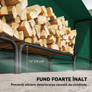 10 ft Firewood Rack with Waterproof Cover, Heavy Duty Metal Log Store Indoors with Steel Chains, Log Storage Holder for Outdoor Indoor Fireplace, Dark Green