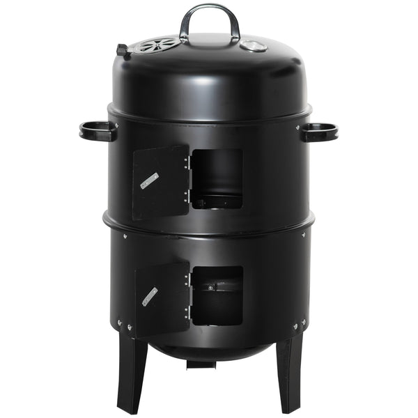 Vertical Charcoal BBQ Smoker, 3-in-1 16" Round Charcoal Barbecue Grill with 2 Cooking Area, and Thermometer for Outdoor Camping Picnic Backyard Cooking, Black