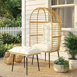 Standing Garden Egg Chair with Footstool, PE Rattan Outdoor Lounge Chair and Ottoman Set with Thick Cushions, Indoor Outdoor Egg Basket Seating for Patio Balcony Porch, Beige