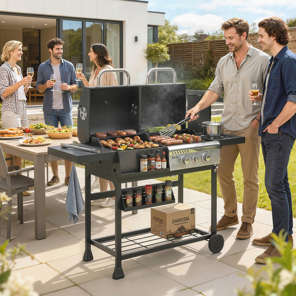 Dual Fuel BBQ Grill, Charcoal and 2+1 Gas Burner Barbecue Grill with Wheels, Warming Rack, Shelves, Thermometer, Bottle Opener, Outdoor Barbeque for Backyard Patio, Black