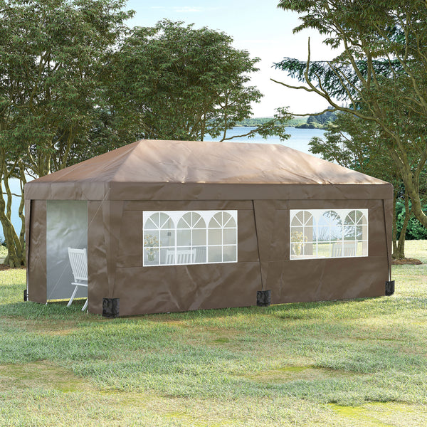 10' x 19.5' Pop Up Canopy Tent with Sidewalls, UPF 30+ Height Adjustable Large Party Tent Event Shelter with Leg Weight Bags and Wheeled Carry Bag for Garden, Patio, Brown