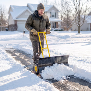 Snow Shovel with Wheels, 29" x 18" Heavy Duty Metal Snow Pusher with 5-Level Adjustable Handle, 7-Angle Blade, Bottom Wear Strip for Driveway, Sidewalks, Garden, Deck, Yellow