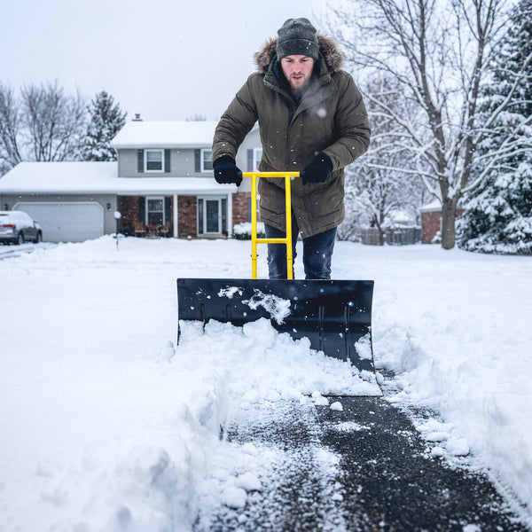 Snow Shovel with Wheels, 29" x 18" Heavy Duty Metal Snow Pusher with 5-Level Adjustable Handle, 7-Angle Blade, Bottom Wear Strip for Driveway, Sidewalks, Garden, Deck, Yellow