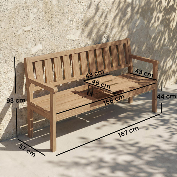 Wooden Garden Loveseat with Liftable Table and Hidden Storage Shelf, 2-3-Seater Outdoor Bench, Fir Wood Jack and Jill Garden Seat with Armrests for Patio, Porch, Teak