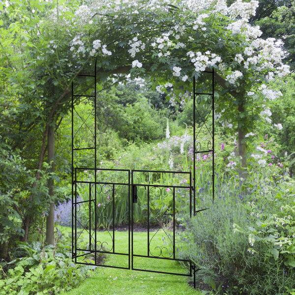 Outdoor Garden Arch with Double Gates, Metal Garden Arbor for Climbing Plants, Roses, Vines, Wedding Arch for Outdoor, 114L x 36W x 232H cm, Black
