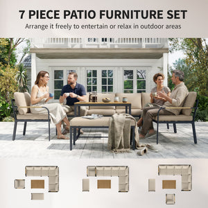 7 Seater Garden Furniture Set with 2 Loveseats, Armchair, 2 Armless Chairs, Footstool, Faux Wood Table, Metal Garden Sofa Set with Cushions, Outdoor Furniture Conversation Sets, Khaki
