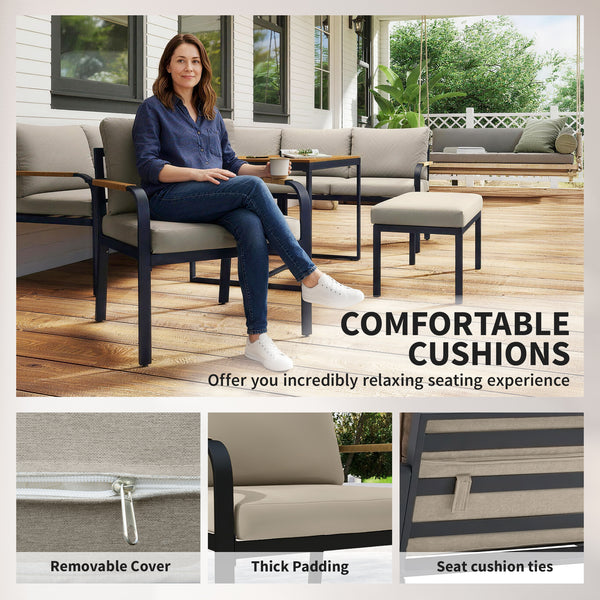 7 Seater Garden Furniture Set with 2 Loveseats, Armchair, 2 Armless Chairs, Footstool, Faux Wood Table, Metal Garden Sofa Set with Cushions, Outdoor Furniture Conversation Sets, Khaki