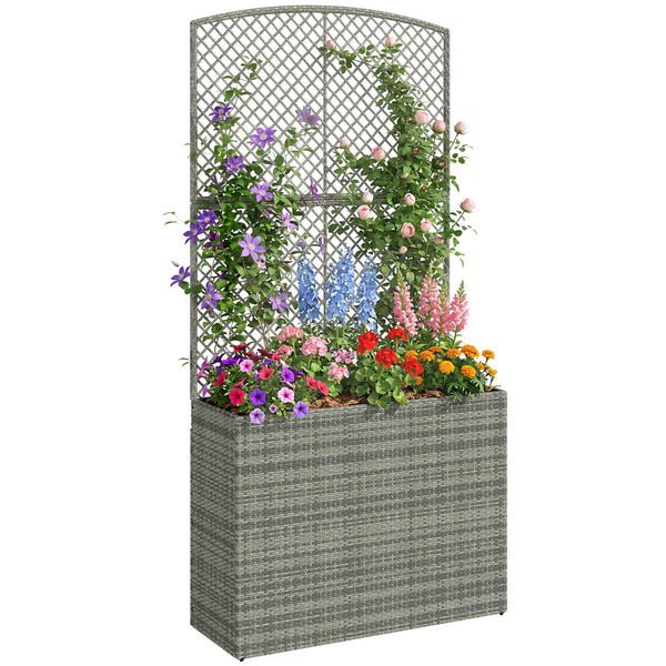Garden Planter with Trellis, Rattan Raised Beds for Garden with Liner, Freestanding Outdoor Planter Box for Climbing Plants, Herbs, Vegetables, Flowers, 80 x 30 x 163 cm, Dark Grey