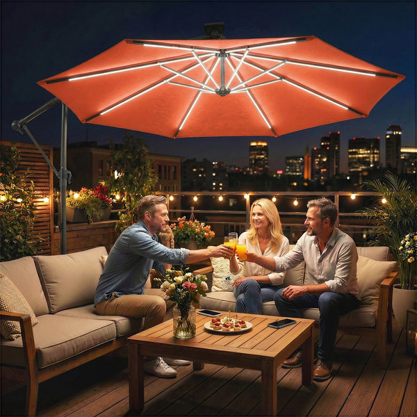 3 m Garden Cantilever Parasol with LED Solar Light, Round Overhanging Umbrella with 6-Position 360° Rotation, Crank Handle, Tilt, Cover, Banana Patio Umbrella for Outdoor Sun Shade, Orange