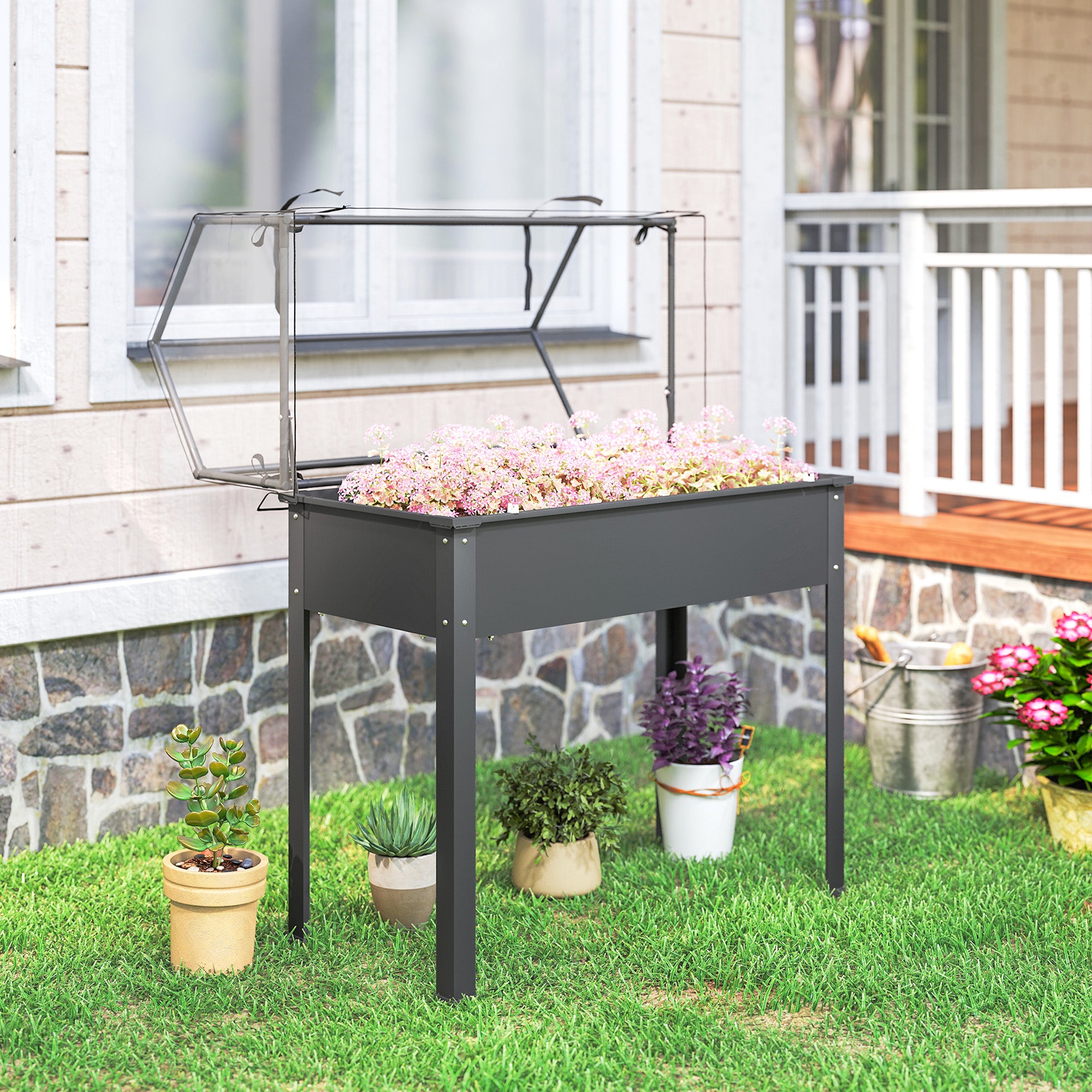 plastic raised garden bed planter Outsunny Elevated Garden Box with Greenhouse Cover, Raised Garden Bed with Legs and Drainage Hole for Vegetables, Dark Gray