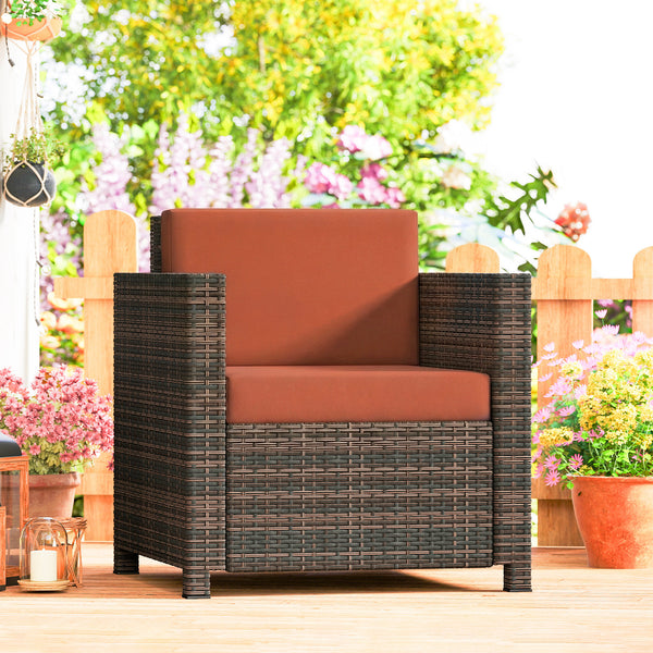Single Seater Rattan Chair, PE Wicker Garden Armchair with 10 cm Thickened Cushion, All-Weather Rattan Garden Chair with Armrests, Mixed Brown/Orange