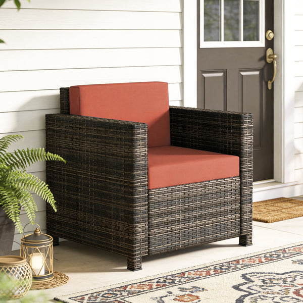 Single Seater Rattan Chair, PE Wicker Garden Armchair with 10 cm Thickened Cushion, All-Weather Rattan Garden Chair with Armrests, Mixed Brown/Orange