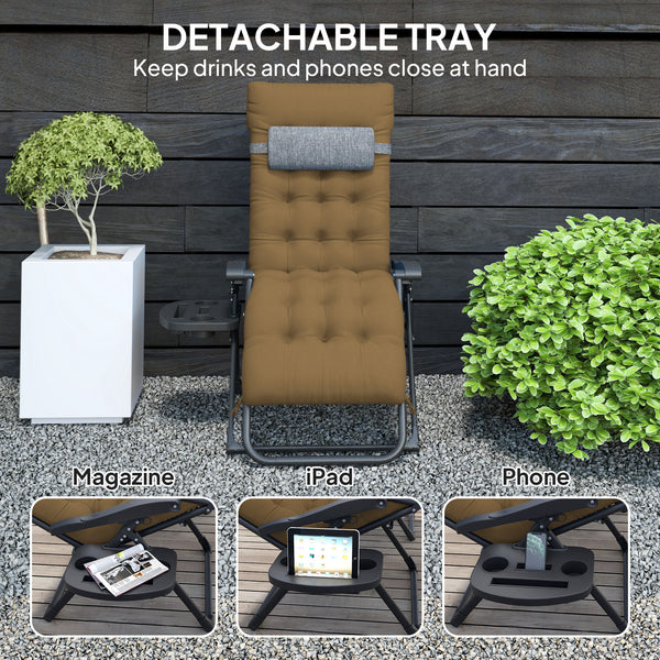 Padded Zero Gravity Chair, Folding Recliner Chair, Patio Lounger with Cup Holder, Adjustable Backrest, Removable Cushion for Outdoor, Deck, Poolside, Light Khaki