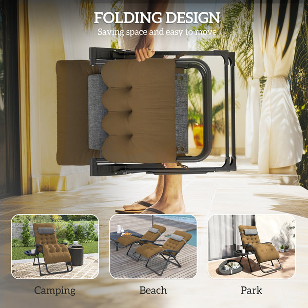 Padded Zero Gravity Chair, Folding Recliner Chair, Patio Lounger with Cup Holder, Adjustable Backrest, Removable Cushion for Outdoor, Deck, Poolside, Light Khaki