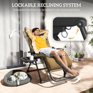 Padded Zero Gravity Chair, Folding Recliner Chair, Patio Lounger with Cup Holder, Adjustable Backrest, Removable Cushion for Outdoor, Deck, Poolside, Light Khaki