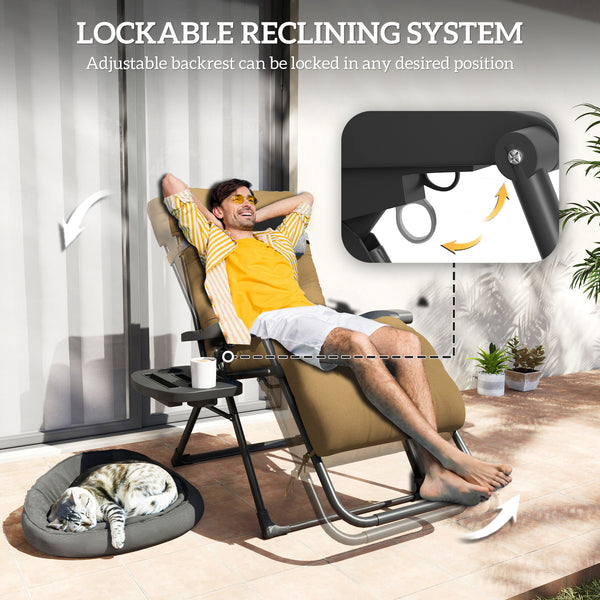 Padded Zero Gravity Chair, Folding Recliner Chair, Patio Lounger with Cup Holder, Adjustable Backrest, Removable Cushion for Outdoor, Deck, Poolside, Light Khaki