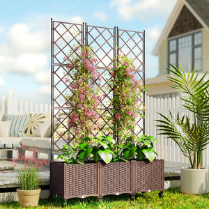 Plastic Raised Planter with Trellis, Self Watering Raised Bed for Garden with Wheels, Drainage Holes and Plugs for Climbing Plants, Outdoor Elevated Planter Box for Vegetables Flowers Herbs