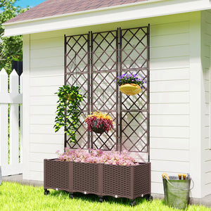 Plastic Raised Planter with Trellis, Self Watering Raised Bed for Garden with Wheels, Drainage Holes and Plugs for Climbing Plants, Outdoor Elevated Planter Box for Vegetables Flowers Herbs