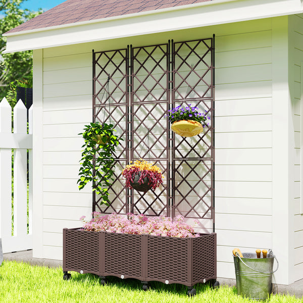 Plastic Raised Planter with Trellis, Self Watering Raised Bed for Garden with Wheels, Drainage Holes and Plugs for Climbing Plants, Outdoor Elevated Planter Box for Vegetables Flowers Herbs