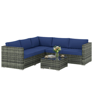 4 Pieces Rattan Garden Furniture Set, Wicker Outdoor Furniture Set with Corner Sofa Loveseat Coffee Table Cushions, Conservatory Furniture Set for Patio Balcony, Blue