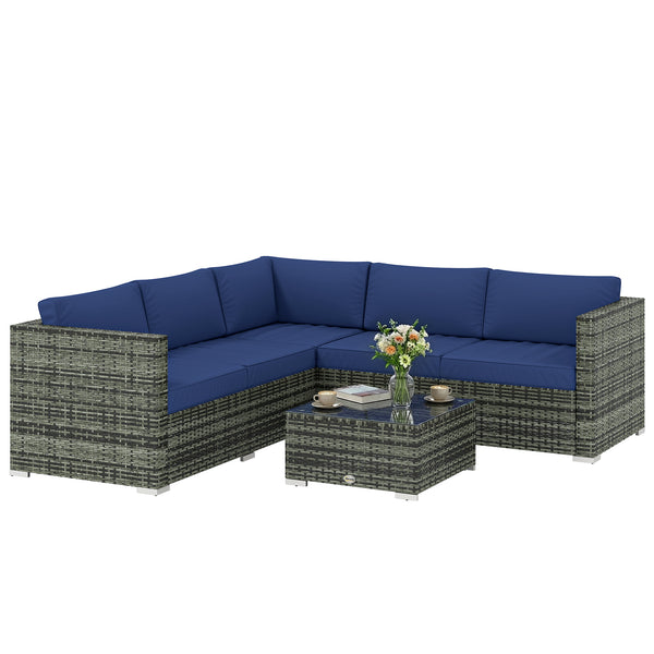 4 Pieces Rattan Garden Furniture Set, Wicker Outdoor Furniture Set with Corner Sofa Loveseat Coffee Table Cushions, Conservatory Furniture Set for Patio Balcony, Blue