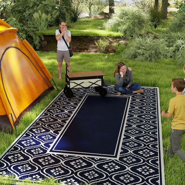 Outsunny Reversible Outdoor Rug, 9' x 18' Waterproof Plastic Straw Floor Mat, Portable RV Camping Carpet, Large Floor Mat for Backyard, Deck, Picnic, Beach, Blue & White Gourd Border