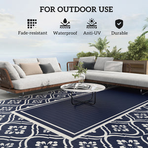 Outsunny Reversible Outdoor Rug, 9' x 18' Waterproof Plastic Straw Floor Mat, Portable RV Camping Carpet, Large Floor Mat for Backyard, Deck, Picnic, Beach, Blue & White Gourd Border