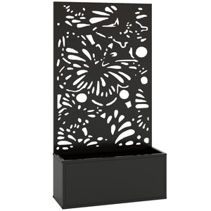 Metal Raised Garden Bed with Trellis for Climbing Plants, Freestanding or Wall Mounted Flower Bed with Privacy Panel, Butterfly Cut-Out Outdoor Planter Box for Garden, Patio, Balcony