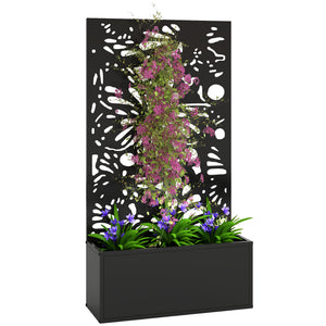 Metal Raised Garden Bed with Trellis for Climbing Plants, Freestanding or Wall Mounted Flower Bed with Privacy Panel, Butterfly Cut-Out Outdoor Planter Box for Garden, Patio, Balcony