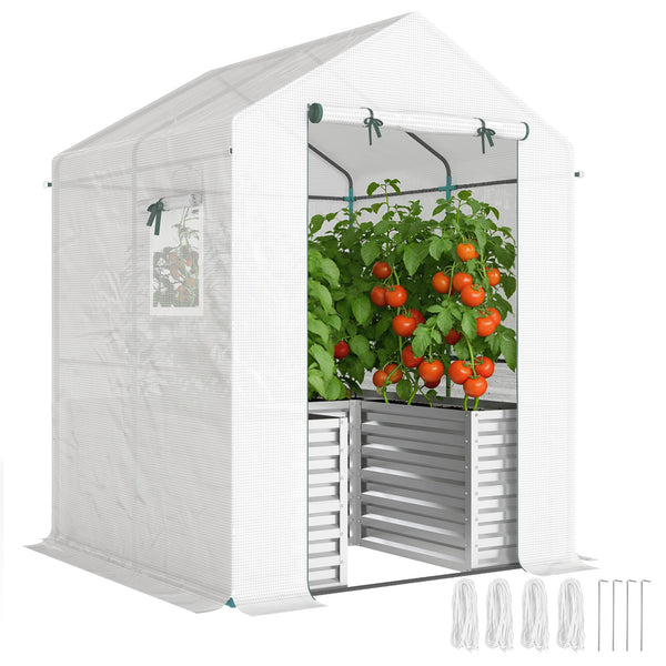 Greenhouse with Raised Garden Bed, 56" x 56" x 75" Galvanized Metal Planter Box with PE Cover, Roll Up Door and Windows, Outdoor Greenhouse for Flowers Vegetables, White