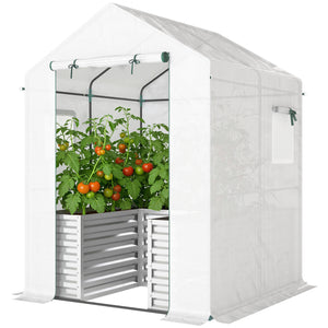 Greenhouse with Raised Garden Bed, 56" x 56" x 75" Galvanized Metal Planter Box with PE Cover, Roll Up Door and Windows, Outdoor Greenhouse for Flowers Vegetables, White