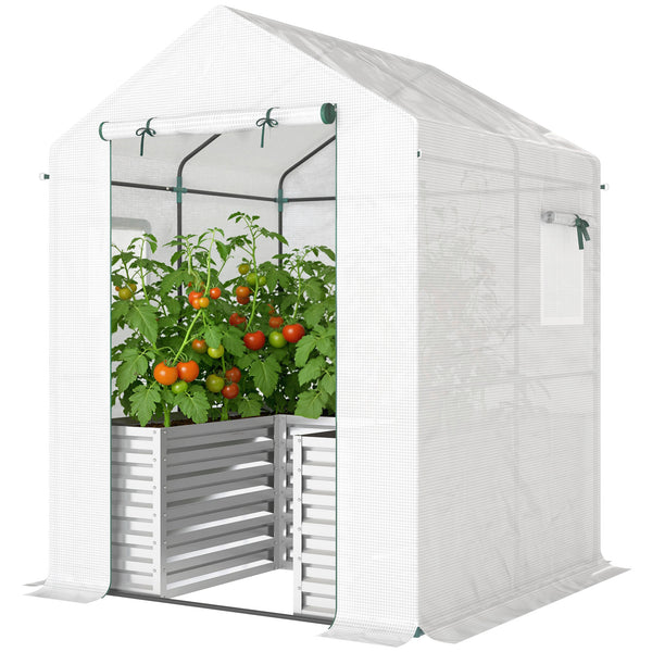 Greenhouse with Raised Garden Bed, 56" x 56" x 75" Galvanized Metal Planter Box with PE Cover, Roll Up Door and Windows, Outdoor Greenhouse for Flowers Vegetables, White