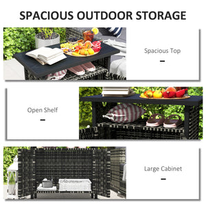 Outsunny Outdoor Pool Towel Storage Cabinet Organizer, Outdoor Bar Table with Shelf and Cabinet, Pool Towel Holder Pool Valet with Weather-Resistant PE Rattan and Steel Frame, Mixed-Gray