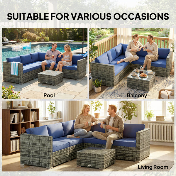 4 Pieces Rattan Garden Furniture Set, Wicker Outdoor Furniture Set with Corner Sofa Loveseat Coffee Table Cushions, Conservatory Furniture Set for Patio Balcony, Blue