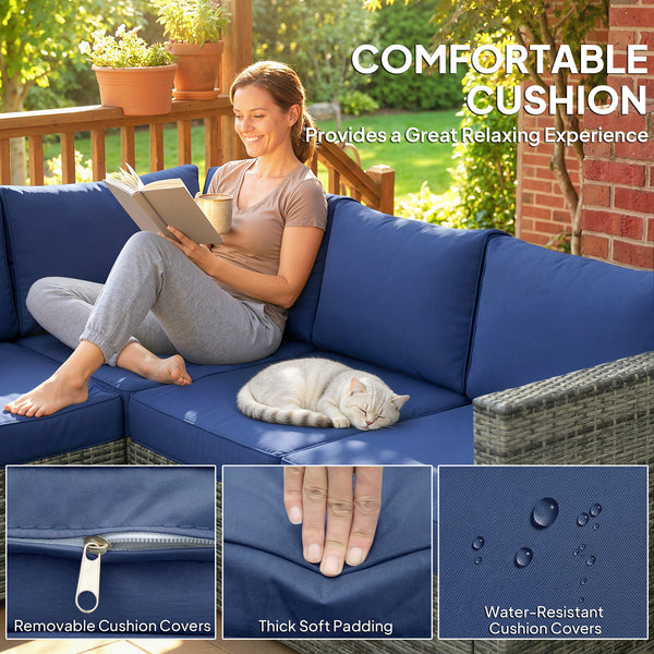 4 Pieces Rattan Garden Furniture Set, Wicker Outdoor Furniture Set with Corner Sofa Loveseat Coffee Table Cushions, Conservatory Furniture Set for Patio Balcony, Blue